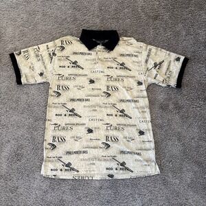 FISHING-THEME‎ POLO SHIRT SZ M Medium BASS bait jigs tackle rod reel NOVELTY